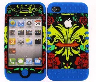For Apple Iphone 4 4s Royal Badge Roses Heavy Duty Case + Light Blue Rubber Skin Accessories Cell Phones & Accessories