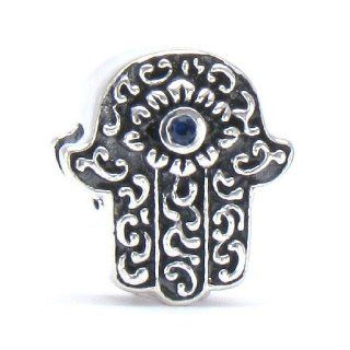 Bella Fascini Hand Of Hamsa / Fatima with Blue CZ Eye   Sign Of Protection, Luck & Prosperity   Also Known as Hand of Miriam or Hand of Mary   Cole Collection   Solid 925 Sterling Silver European Charm Bracelet Bead   Compatible Brands: Authentic Pando