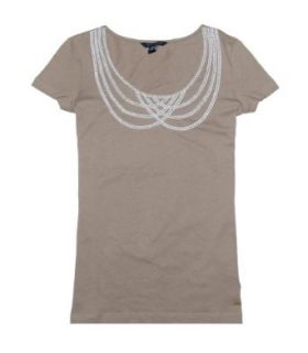 Tommy Hilfiger Women Sli fit Necklace Applique Short Sleeve T shirt (S, Light brown/white) at  Womens Clothing store