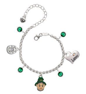 Small Leprechaun with Hat Love & Luck Charm Bracelet with Emerald Swarovski C: Link Charm Bracelets: Jewelry