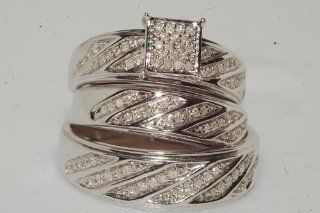 His Hers Diamond & White Gold Engagment & Weddingtrio Ring Set Jewelry