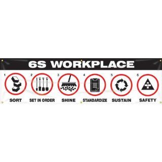 Accuform Signs MBR982 Reinforced Vinyl 6S Workplace Banner "6S WORKPLACE: SORT, SET IN ORDER, SHINE, STANDARIZE, SUSTAIN, SAFETY" with Metal Grommets, 28" Width x 8' Length, Black/Red on White: Industrial Warning Signs: Industrial & 