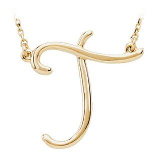 Script Initial Necklace in 14 Karat Yellow Gold, Letter T: Pendant Necklaces: Jewelry