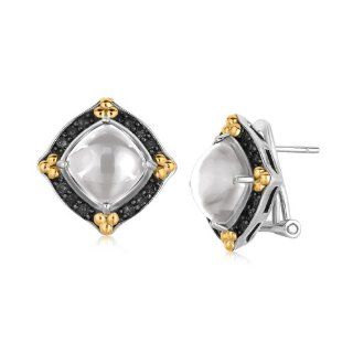 18k Yellow Gold and Sterling Silver Fancy Rock Crystal Cabochon Earrings with Black Sapphires: Jewelry