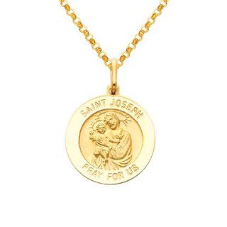 14K Yellow Gold Religious Saint Joseph Medal Charm Pendant with Yellow Gold 1.6mm Classic Rolo Cable Chain Necklace with Lobster Claw Clasp   Pendant Necklace Combination (Different Chain Lengths Available): The World Jewelry Center: Jewelry