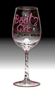 Hand Painted Bad Girls Just Want to Have Fun Wine Glass: Funny Wine Glasses: Kitchen & Dining