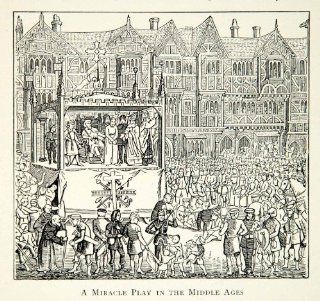 1912 Print Miracle Play Middle Ages Town Square Crowd Architecture Medieval Art   Relief Line block Print  