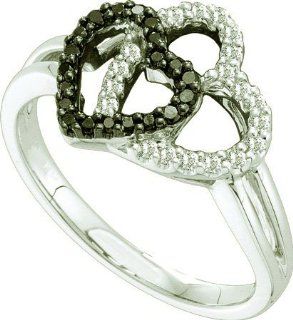 0.27 Carat (ctw) 14k White Gold Round Black & White Diamond Ladies Double Heart Promise Ring: Jewelry