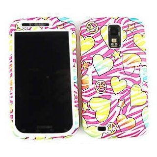 Samsung Galaxy S II S2 S 2 / SGH T989 T Mobile TMobile / Hercules Hot Pink / Magenta and White Zebra with Color Love Hearts Stars Peace Sign Design Hybrid Snap On Jelly Skin Gel and Hard Protective Cover Case Kickstand / Kick Stand Cell Phone (Free by elli