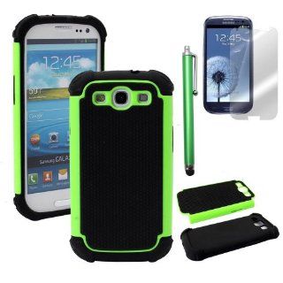Hard Plastic Snap on Cover Fits Samsung i747 L710 T999 i535 R530 i9300 Galaxy S III Green Black TUFF Hybrid (Outside Hard Green Cover, Inside Black Soft Silicone Skin) +Green Pen/Stylus+Front and Back LCD Screen Protective Films AT&T: Cell Phones &