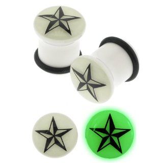 White Acrylic Single Flared Plug with Glow in the Dark Nautical Star Design and "O" ring   2G   Sold as a Pair Jewelry