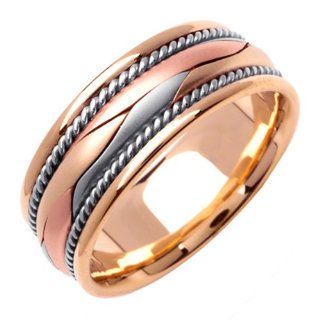 14K Tri Color Gold Women's Braided Rope Edge Wedding Band (8mm): Jewelry