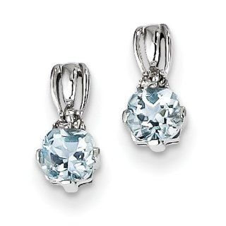Sterling Silver Rhodium Plated Dia. Aquamarine Round Post Earrings: Jewelry