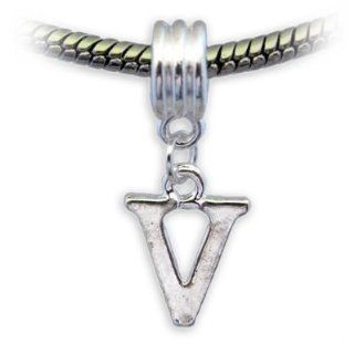 Stylish Silver Plated Letter V Dangle Charm by Divine Beads  Simply Slides on Slides Off Your Bracelets and necklaces. Fits Pandora, Biagi, Tedora, Chamilia, Bacio, Troll and other European style charms & beads bracelets.: Jewelry