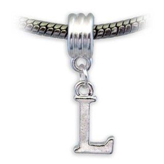 Stylish Silver Plated Letter L Dangle Charm by Divine Beads  Simply Slides on Slides Off Your Bracelets and necklaces. Fits Pandora, Biagi, Tedora, Chamilia, Bacio, Troll and other European style charms & beads bracelets.: Jewelry