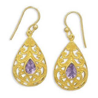 14 karat gold plated sterling silver filigree tear drop french wire earrings with 9mmx6mm amethyst center stone. Earrings hang approximately 33mm and measure approximately 14.5mm across. Jewelry