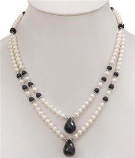 AAA Quality Natural Fresh Water Pearl & Faceted Sapphire Drops Beaded Beautiful Necklace Jewelry