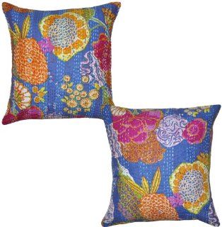 Kantha Stitch Traditional Home Dcor Cotton Pillow Cover, Indian kantha Work Printed Cushion Covers 2 Piece 16x16 Inches   Pillowcases