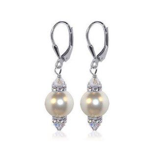 SCER155 Sterling Silver Leverback 1.5" Long Drop Earrings Made with Swarovski Elements 10mm White Faux Pearl and Crystal: Jewelry