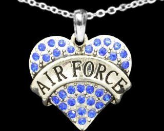 From the Heart Valentine's Day, Mother's Day, or any Day Blue Crystal Rhinestone Heart Necklace celebrating The USA Air Force Military Pendant with Air Force engraved in the center. Heart Pendant is approximately 1 1/2 inch long & Embellishe