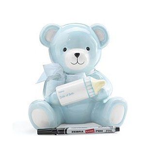 Baby Boy's Blue Bear Piggy Bank Holding Baby Bottle With Birth Information Infant Nursery Decor And Birth Gift   Toy Banks