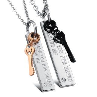 3Aries Fashion Titanium Stainless Steel "Thank You For Being Beside Me" Black Love Key Silver Metal Palted w/ Cz Stone Men Pendant Couple Necklaces: Jewelry