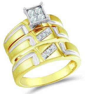 10K Two Tone Gold Diamond Mens and Ladies His & Hers Trio 3 Three Ring Bridal Matching Engagement Wedding Ring Band Set   Square Princess Shape Center Setting w/ Pave Channel Set Round Diamonds   (.28 cttw)   SEE "PRODUCT DESCRIPTION" TO CHOO