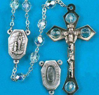 Our Lady of Lourdes Water Rosary 22.5" 7mm Crystal Aurora Borealis Bead on Silver Plated Chain; Centerpiece Contains Water From the Spring At Lourdes Boxed  
