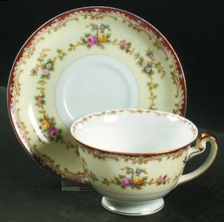 Meito Mei245 Footed Cup & Saucer Set, Fine China Dinnerware   Rust,Tan Scroll Ed