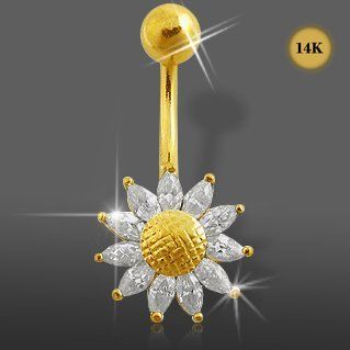 Navel Ring Gold Body Piercing Jewelry 14k Sunflower with Cz Stone Belly Ring   14gx3/8 (1.6x10mm) Curved Barbell with 5mm Ball Belly Button Piercing Ring: Jewelry