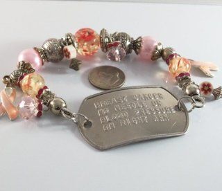 Breast Cancer Medical ID Alert Military Dog Tag Bracelet like Necklace Stretchy for Right Arm Jewelry