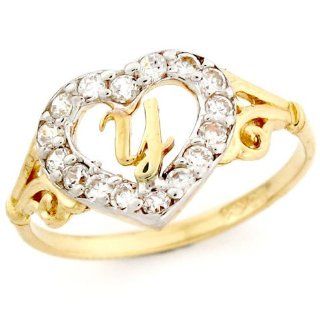 10k Gold Heart Shape Letter 'Y' Initial CZ Ring Jewelry: Jewelry