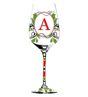 Hand Painted Monogrammed Holiday Wine Glass with Red and Green Holly in Letter A: Kitchen & Dining