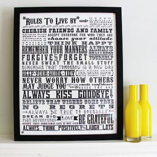 'rules to live by' screen print by more than words 'typographic art'