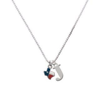 Mini State of Texas Initial Charm Necklace Color Red, White, & Blue;Large Block Letter J: Pendant Necklaces: Jewelry