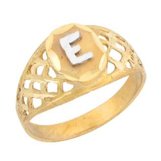 14k Two Tone Gold Diamond Cut Filigree Design Letter E Initial Ring: Jewelry