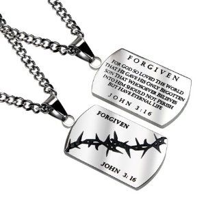 Christian Mens Stainless Steel Abstinence "Forgiven   For God so Loved the World That He Gave His Only Begotten Son That Whosoever Believes Into Him Should Not Perish but Have Eternal Life" John 3:16 Crown of Thorns Dog Tag Necklace for Boys on a