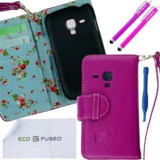 Samsung Galaxy S3 Mini Case Bundle including 1 Genuine Leather Wallet Cover with Floral Interior for Samsung Galaxy S3 Mini I8190 / 1 Lanyard / 2 Stylus Pens / 1 Case Opening Tool / 1 ECO FUSED Microfiber Cleaning Cloth (Purple/Blue Interior): Cell Phones 