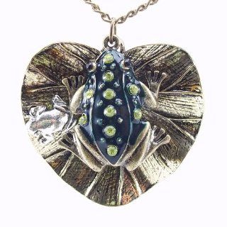 DaisyJewel Enchanted Frog Prince Fairytale Pendant Necklace   Solid Heart Shaped Lily Pad with Detailed Enamel and Crystal Encrusted 3D Green Frog and Small Silver Baby Frog   Beautiful Vintage Patina Gives a Classic Heirloom Look and Feel: Jewelry