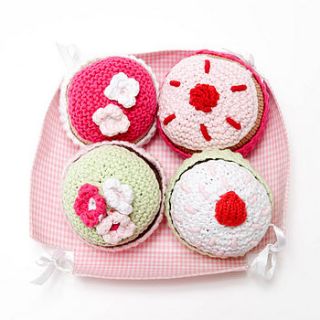 set of hand knitted cupcake rattles by auntie mims