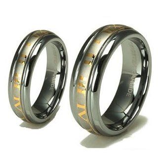 Tungsten Carbide His (8mm) & Hers (6mm) 18k Gold Roman Numeral Wedding Ring Band Set; (14) (4): Jewelry