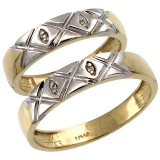 10k Gold 2 Pc His (5mm) & Hers (4.5mm) Diamond Wedding Ring Band Set w/ 0.026 Carat Brilliant Cut Diamonds (Ladies' Sizes 5 to 10; Men's Sizes 8 to 14): Jewelry