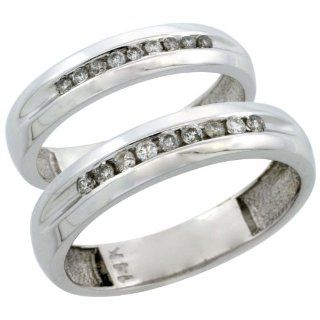 14k White Gold 2 Piece His (5mm) & Hers (4mm) Diamond Wedding Ring Band Set w/ 0.27 Carat Brilliant Cut Diamonds; Ladies Size 6.5: Jewelry