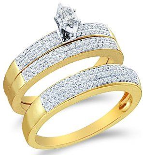 14k White and Yellow Two Tone Gold Mens and Ladies Couple His & Hers Trio 3 Three Ring Bridal Matching Engagement Wedding Ring Band Set   Marquise and Round Diamonds   Solitaire Center Setting w/ Channel Set Side Stones (1/2 cttw) SEE "PRODUCT DES
