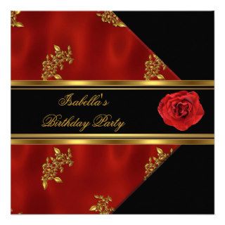 Elegant Red Rose Black Gold Birthday Party Announcement