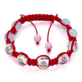 Bling Beads Pink Pattern Murano Glass On Red Cotton Rope Lace Style Adjustable Bracelet Beadscrystal Swarovski Crystal Stone Balls Bracelet (36 Colors To Choose From): Arts, Crafts & Sewing
