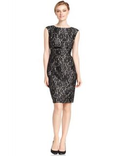 Calvin Klein Dress, Sleeveless Lace Belted Sheath   Dresses   Women