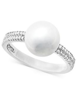 CRISLU Ring, Platinum over Sterling Sliver Freshwater Pearl (10mm) and Cubic Zirconia (1/4 ct. t.w.) Double Channel Band Ring   Fashion Jewelry   Jewelry & Watches