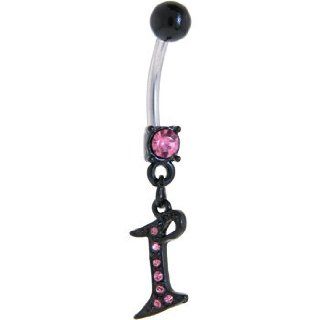 Black Anodized Pink Jeweled Initial Belly Ring Letter I: Jewelry