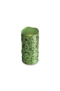 Pack of 6 Lime Green Glittered Flameless Wax LED Pillar Candles w/Timers 3" x 6"   Green Pillar Christmas Candles